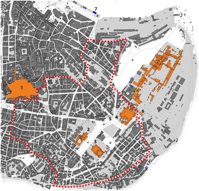 Resim 2. Çalışma alanı. 1. Kapalıçarşı 2. İslam Eserleri Müzesi 3. Sultanahmet Camii 4. Ayasofya Camii 5. Yerebatan Sarayı 6. Topkapı Sarayı 7. Kadıköy Vapur İskelesi